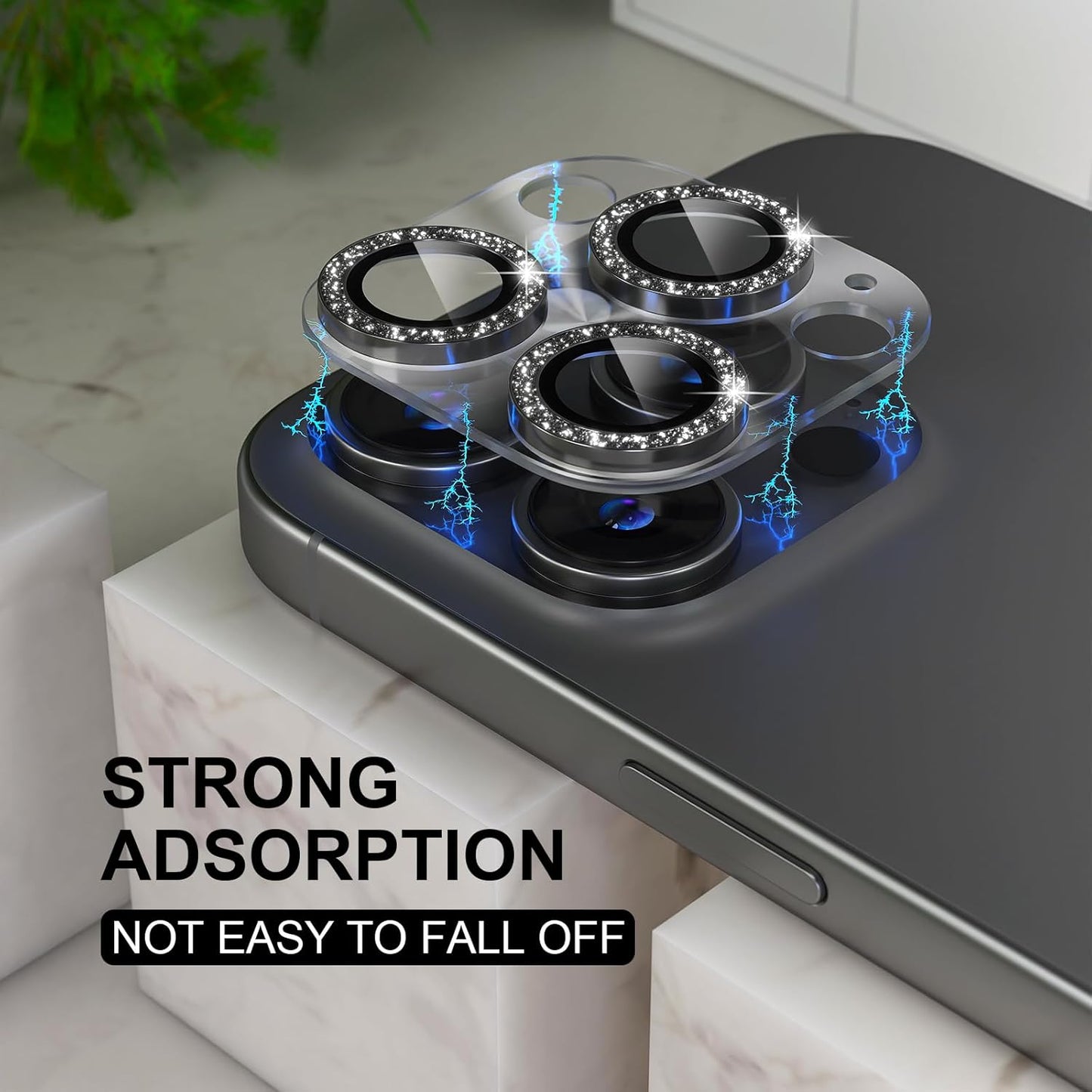 Choiche Compatible for iPhone 16 Pro/iPhone 16 Pro Max Camera Lens Protector, Bling Camera Cover with 9H Tempered Glass Lens Screen Protector Metal Ring Decoration Accessories(Clear-Black)