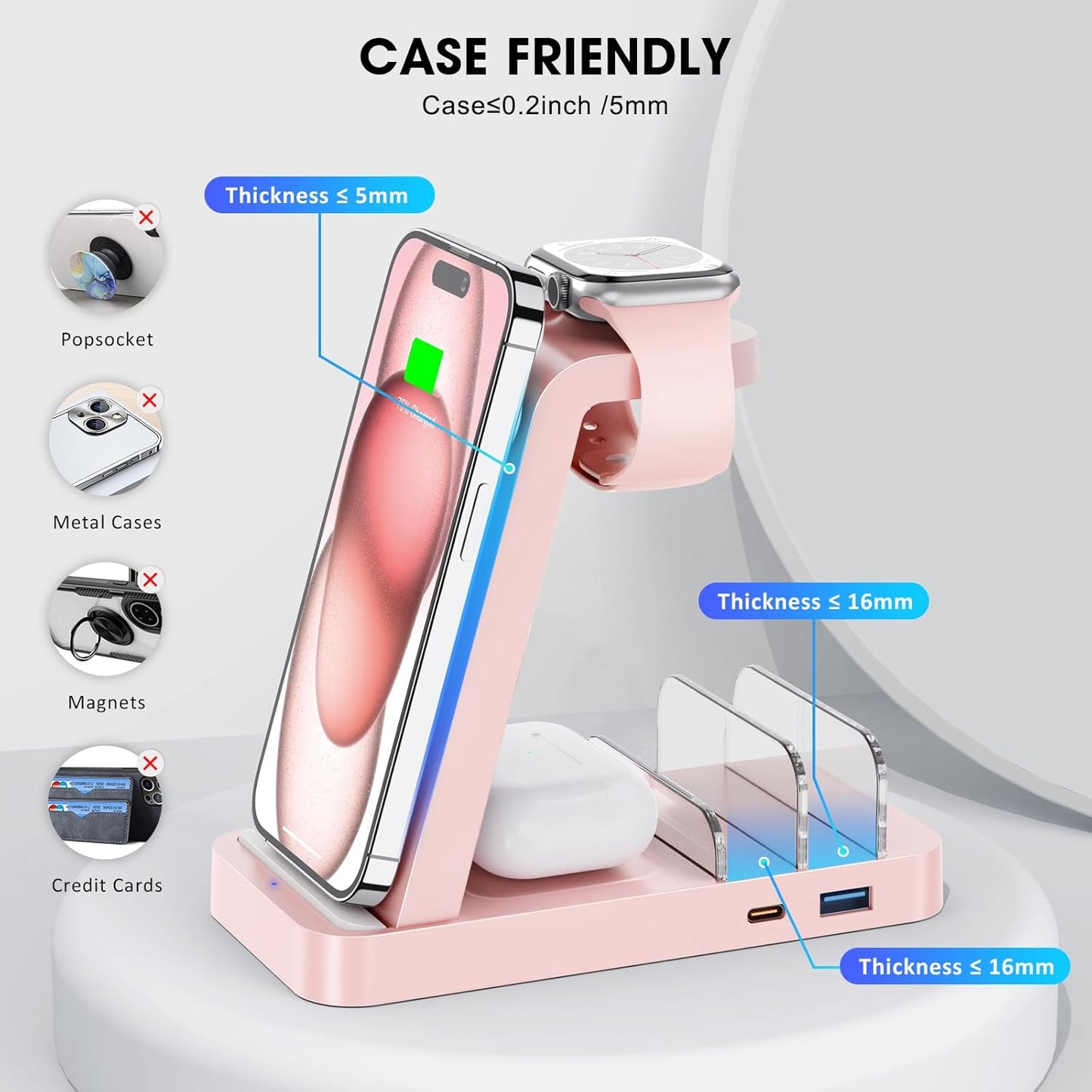 Wireless Charger for iPhone - 5 in 1 Charging Station for Multiple Devices Apple: Wireless Charging Stand Dock for iPhone 16e 16 15 14 13 12 Pro Max Apple Watch Airpods