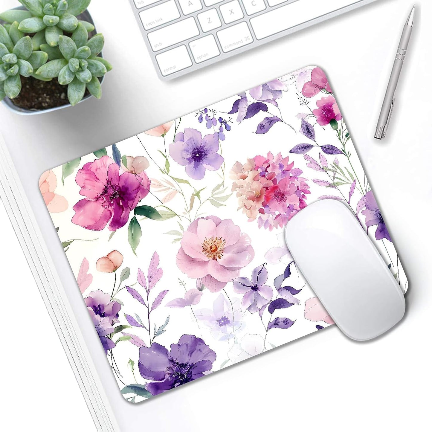 Mouse Pad, Cute Purple Watercolor Flowers Mouse Pads for Desk, 9.5" x 7.9" Non-Slip Rubber Base Computer Mousepad with Women, Portable Square Design for Wireless Mouse and Pad Laptop Office & Travel