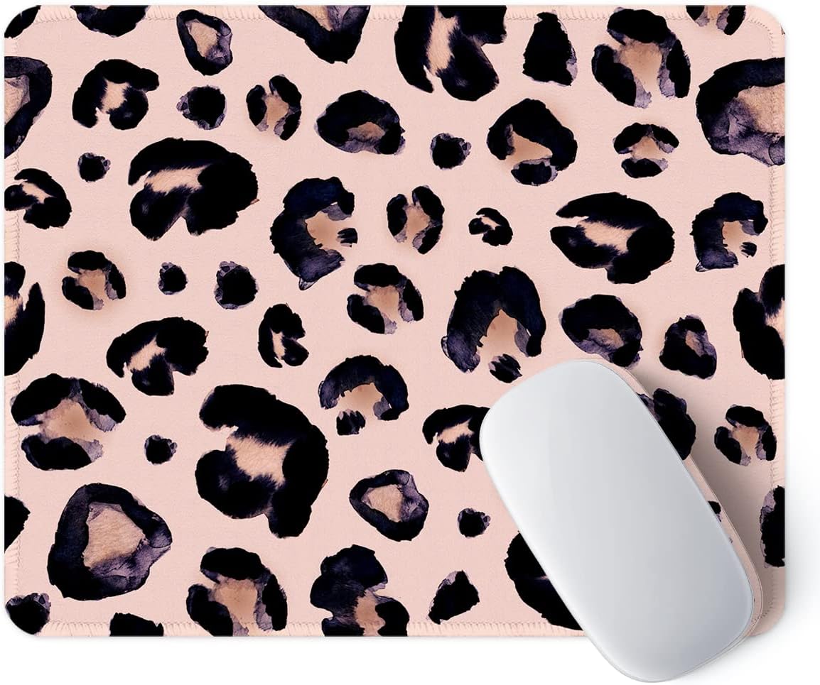 ITNRSIIET Mouse Pad with Stitched Edge Premium Textured Smooth Precise Operation Waterproof Washable Non-Slip Rubber Base Desktop Protection Mat, 10.2×8.3×0.12 inches, Leopard Black Purple