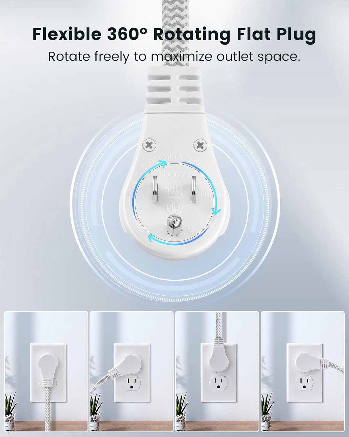 SURAIELEC 6FT Flat Extension Cord with 360° Rotating Plug, Braided Flat Plug with 3 Outlets, 16 AWG Thin White Extension Cord for Indoor Use, Home, Office, Compact Spaces, ETL Listed