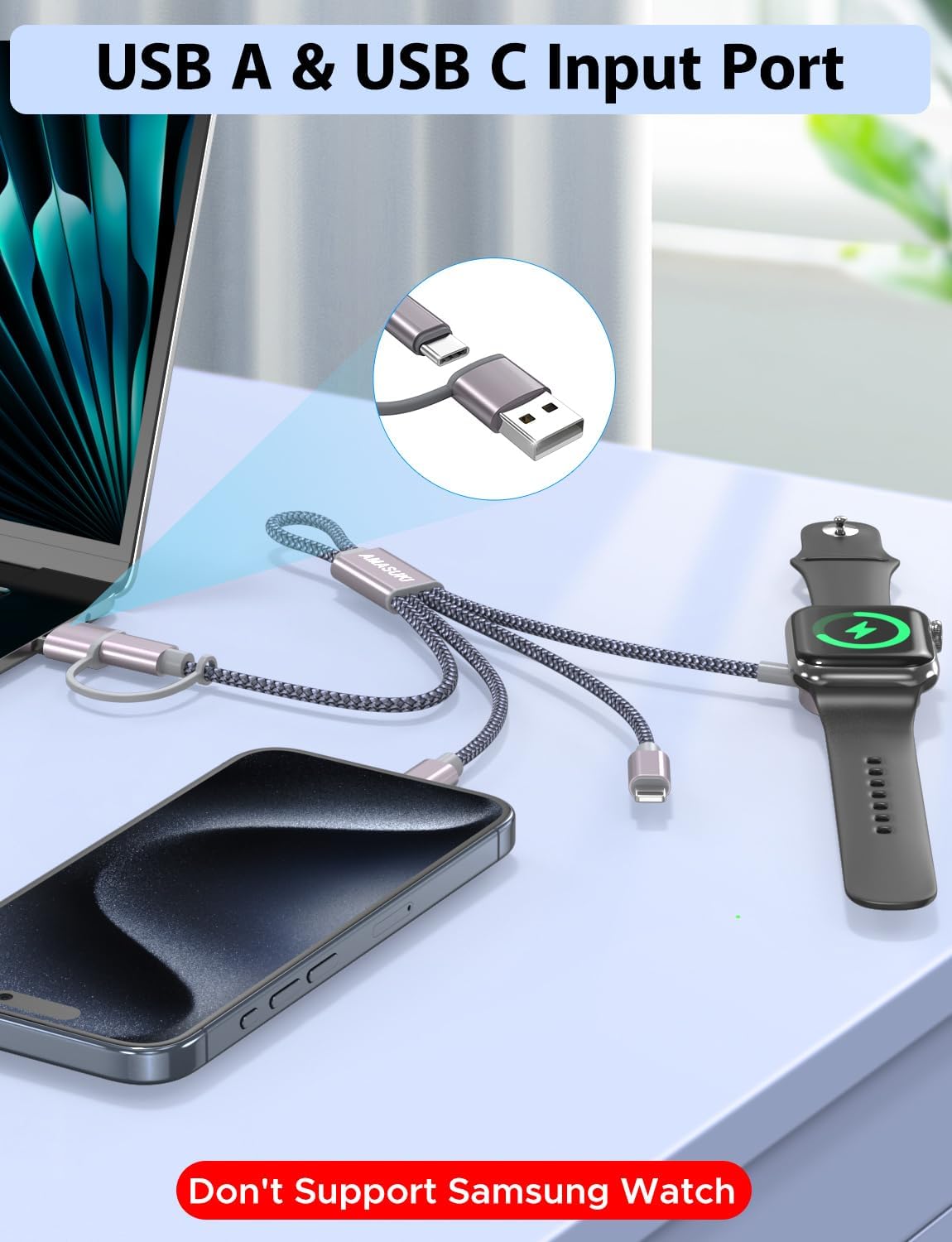 Short 8inch 3 in 2 USB C Cable for Apple Watch Charger iPhone Charger USB C Multi Fast Charging Cable Compatible with iWatch Ultra/SE/10/9/8/7/6/5/4/3/2/1 & iPhone 16/15/14/13/12/11/Galaxy S23