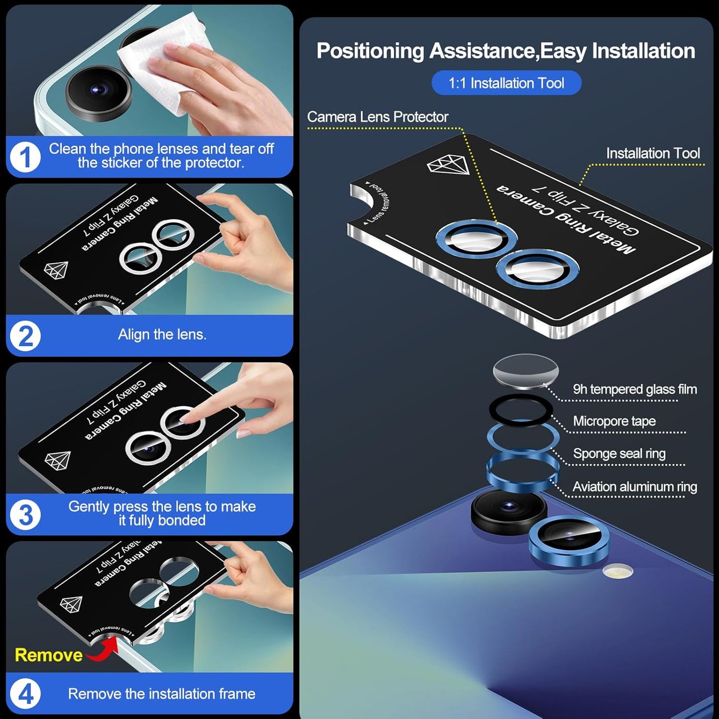 for Samsung Galaxy Z Flip 7 Camera Lens Protector, Individual Metal Ring Tempered Glass Lens Cover, [Strong Adsorption] Scratch Resistant Ultra-Thin HD Clear Lens Cover, 1 Set-Blue Shadow