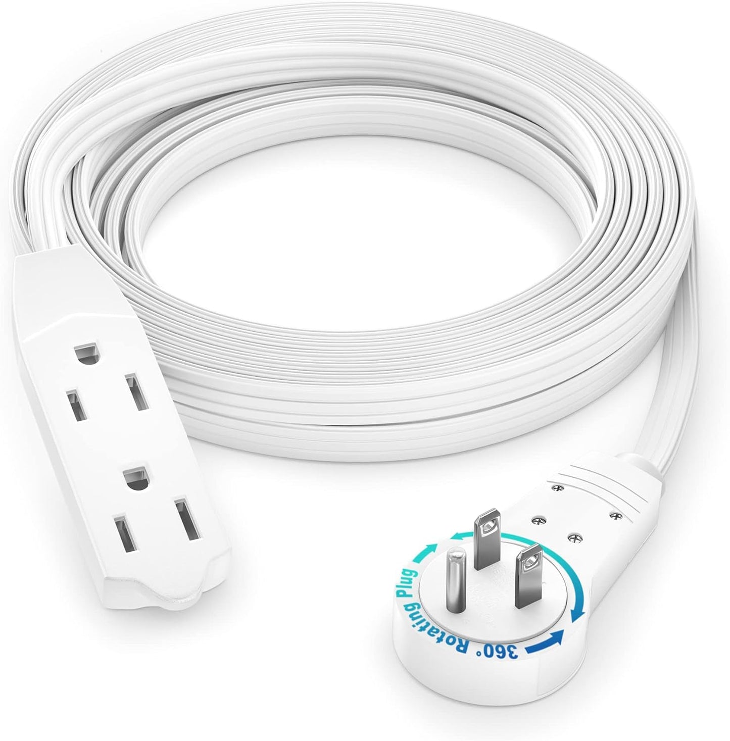 Maximm Cable 12 Ft 360° Rotating Flat Plug Extension Cord, 16/3 AWG Multi 3 Outlet 3-Prong Grounded Wire- White - UL Certified