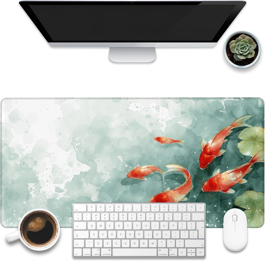 Desk Pad, Watercolor Koi Fish Desk Mat, Koi Fish in Pond Large Gaming Mouse Pad, 31.5"x15.7" Extended Big Computer Keyboard Mouse Pad with Non-Slip Base and Stitched Edge