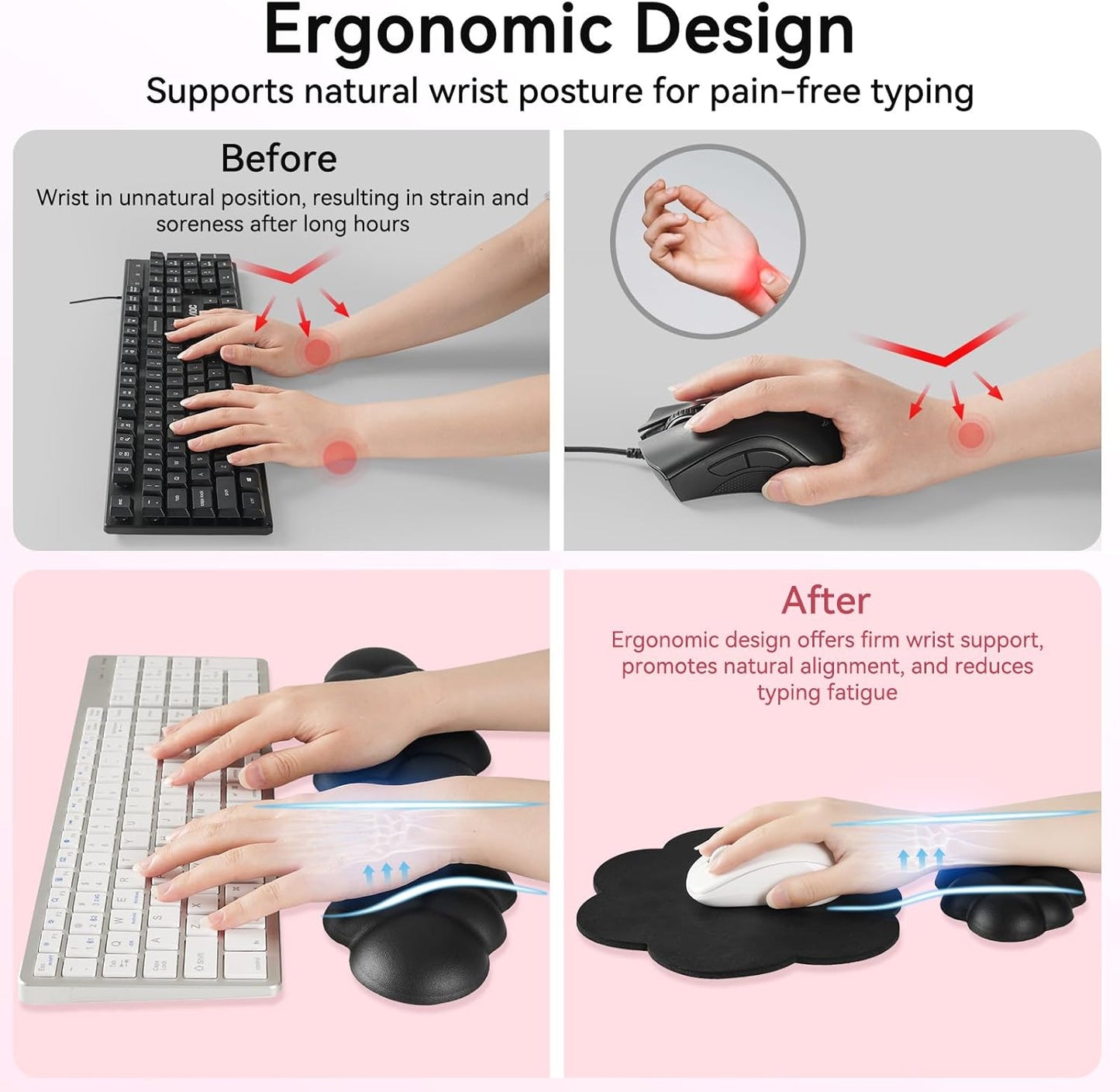 Cloud Wrist Rest for Computer Keyboard, 4-in-1 Memory Foam Leather Cloud Keyboard Wrist Rest and Mouse Pad Set with Ergonomic Support for Arm and Palm Cushion, Gaming/Work Setup, Black