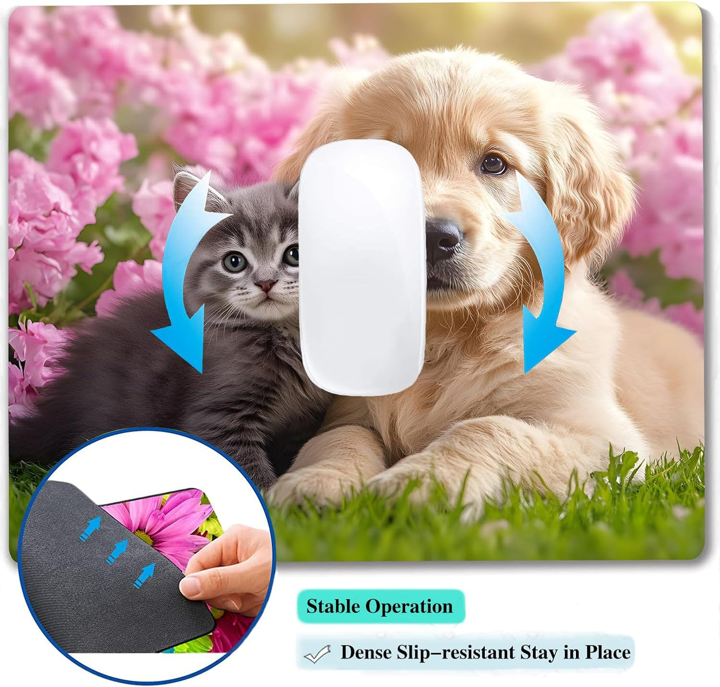 Kawaii Cat and Dog Custom Mouse Pad with Non-Slip Rubber, Small Square Design for Wireless Laptop & Computer Mouse Pads for Desk, 9.5 x 7.9 inch Smooth Surface for Gaming & Office