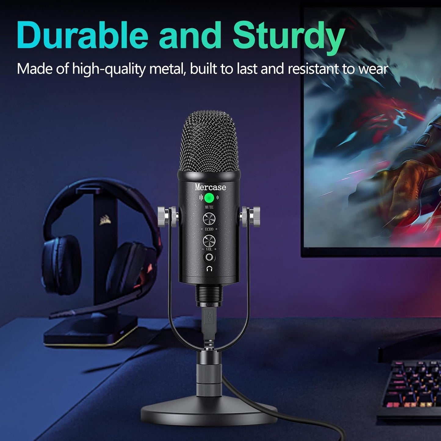Mercase USB Condenser Microphone for PC, Mac, Phones, PS4/PS5 – Plug & Play Studio Mic with Mute Button & Noise Reduction – for Recording, Streaming, Podcasting, Gaming, Zoom, TikTok, YouTube