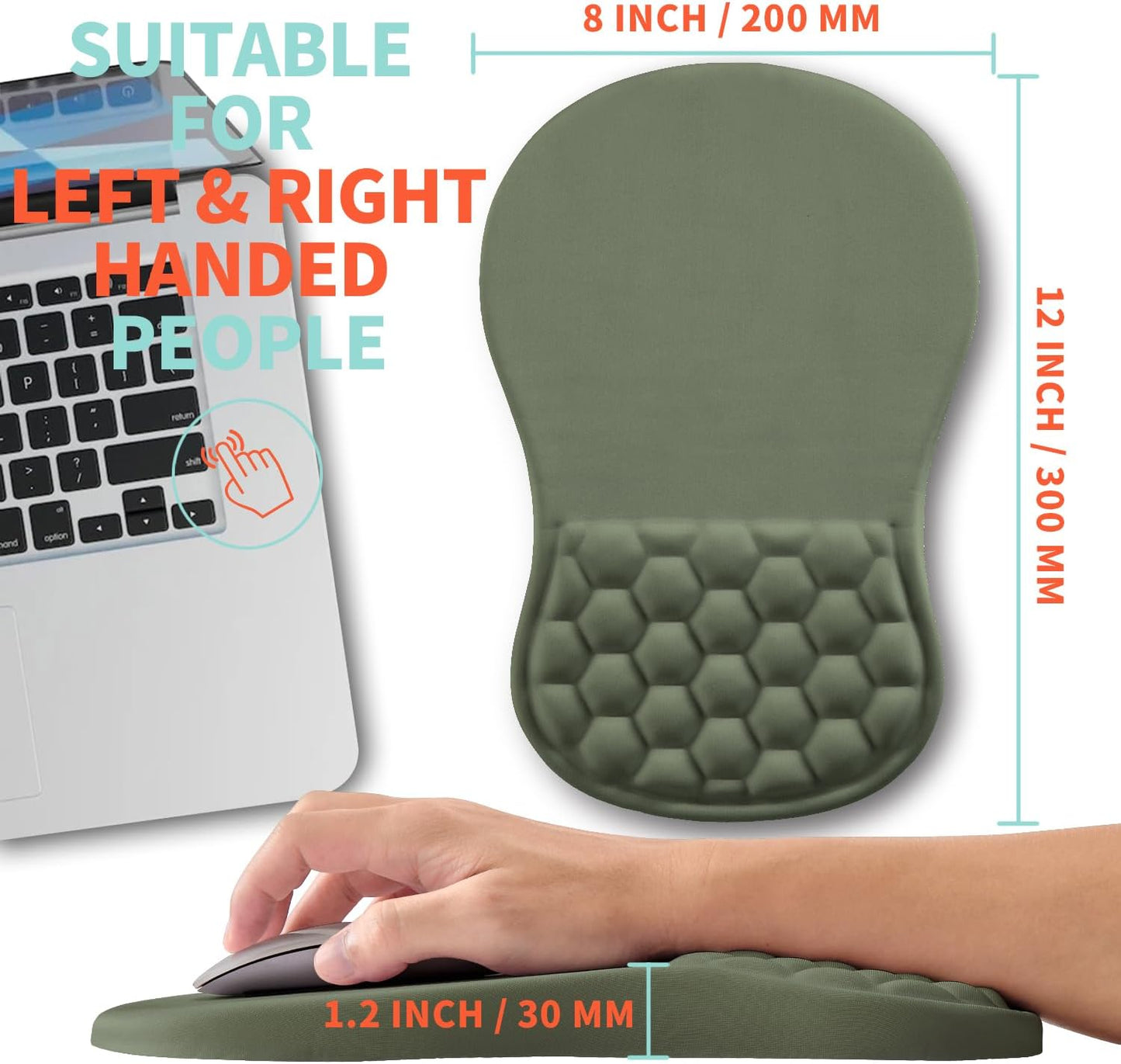 Ergonomic Mouse Pad Wrist Support with Memory Foam Massage Bulge, Carpal Tunnel Pain Relief Mousepad Wrist Rest for Mouse(12x8 inch,Olive Green)