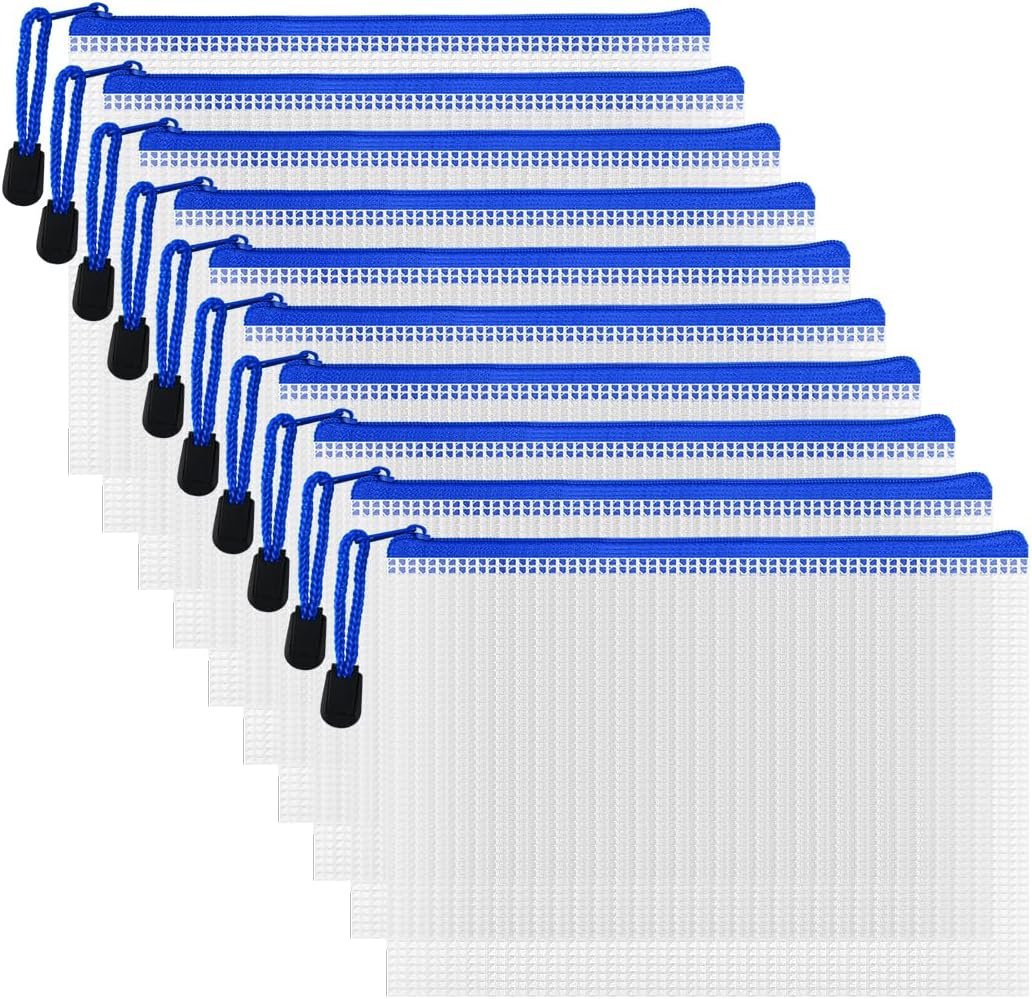 AUSTARK 10 Pcs Zipper File Bags, Waterproof Plastic Mesh Pouch for Office School, Board Game Storage Bags (B6 Size 7.6''x5.3'', White and Blue)