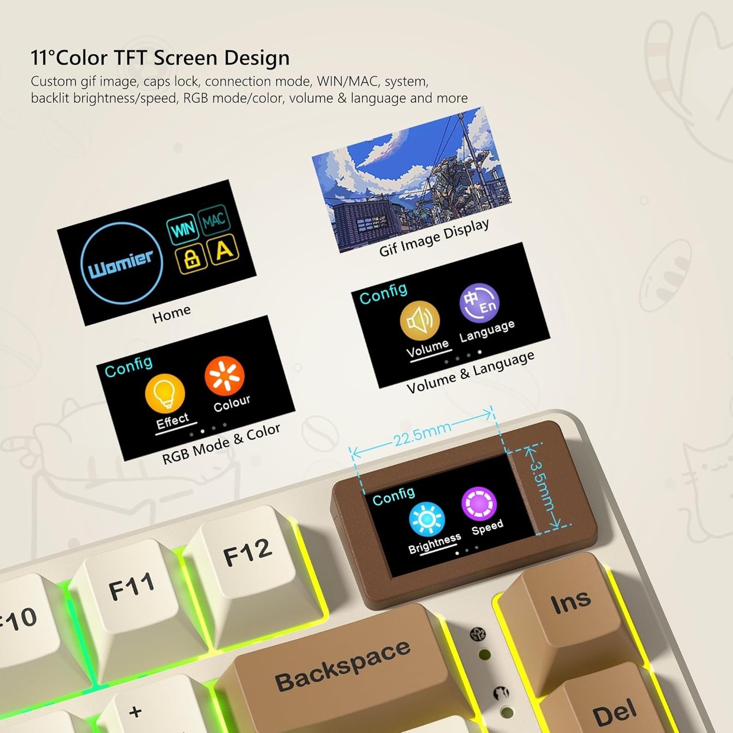 Womier SK80 Retro 75% Keyboard with Color Multimedia Display Mechanical Gaming Keyboard, Hot Swappable Gasket Mount RGB Custom Key Board, Pre-lubed Stabilizer for Mac/Win,Coffee Cat