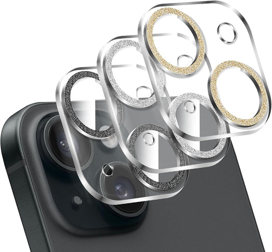 LucBuy 3PCS Sparkling Camera Lens Protector for iPhone 16/iPhone 16 Plus, Full Clear Acrylic Cover with Shiny Colorful Glitter Designed Decoration Back Camera Protector