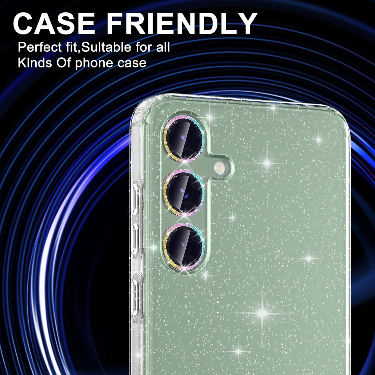 for Samsung Galaxy S24 FE Camera Lens Protector, Individual Metal Ring Tempered Glass Lens Cover, [Strong Adsorption] Scratch Resistant Ultra-Thin HD Clear Lens Cover, 1 Set-Colorful Sparkly