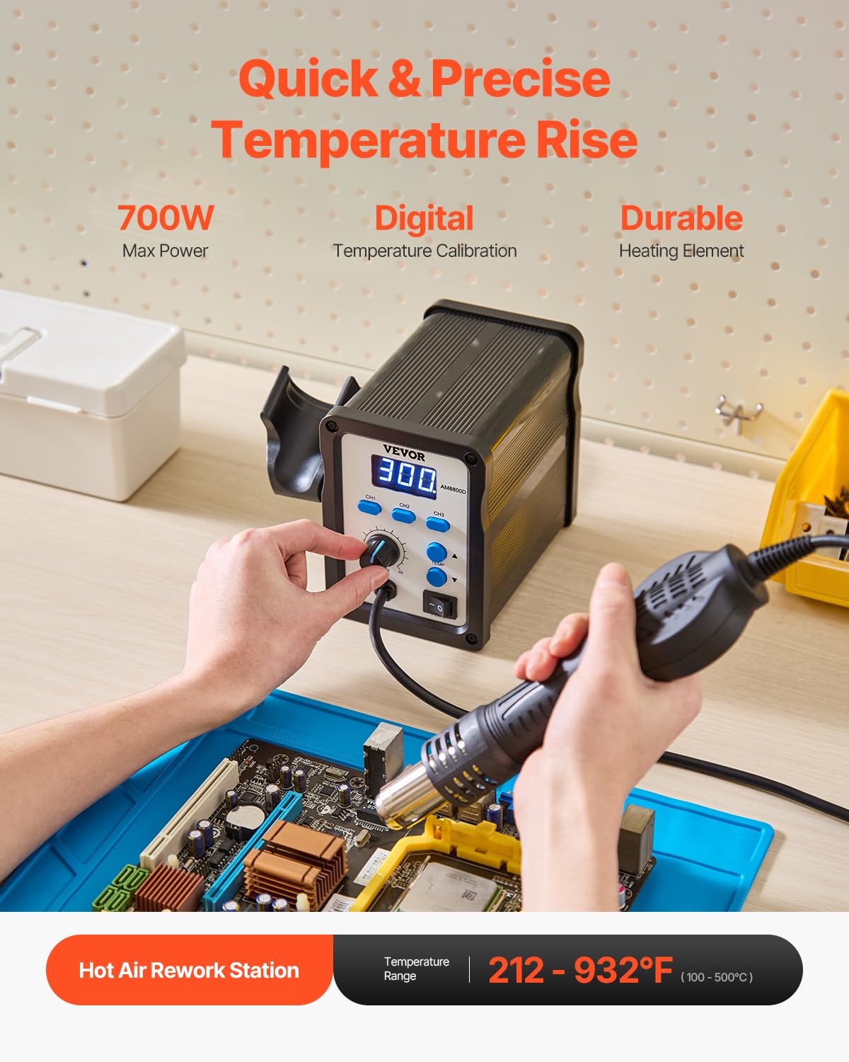 VEVOR Hot Air Rework Station, 700W Digital Display SMD Rework Station, 212℉-932℉ Hot Air Gun with Adjustable Airflow, 3 Pre-Set Channels & ℃/℉ Conversion for Chip Dismantling, Electronics Repair