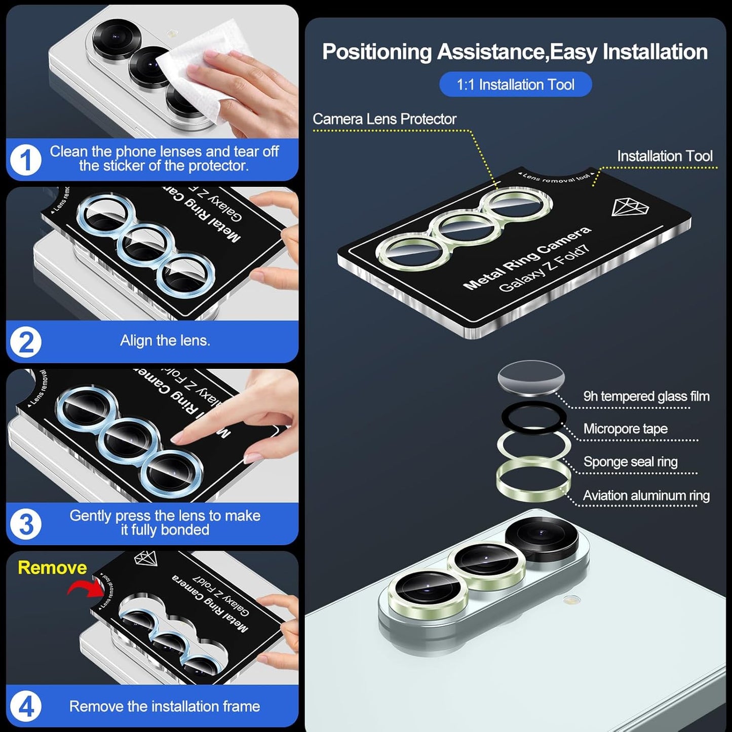for Samsung Galaxy Z Fold 7 Camera Lens Protector, Individual Metal Ring Tempered Glass Lens Cover, [Strong Adsorption] Scratch Resistant Ultra-Thin HD Clear Lens Cover, 1 Set-Green