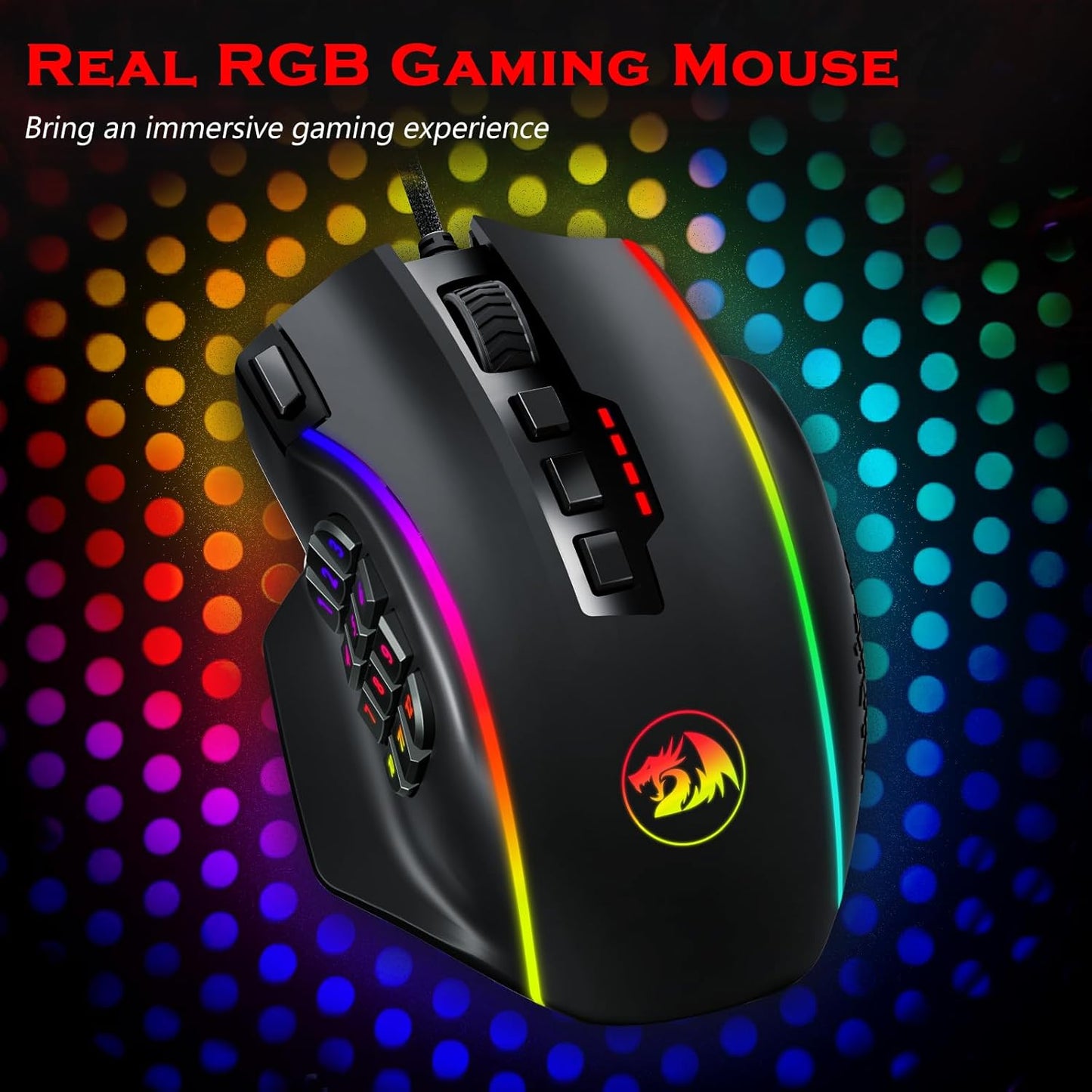 Redragon Gaming Mouse, MMO Mouse Gaming UP 12400 DPI, 19 Macro Programmable Buttons, RGB Mouse with 12 Side Buttons, 8 * 2.4g Weight Tuning for PC Laptop MOBA FPS, M901K, Black
