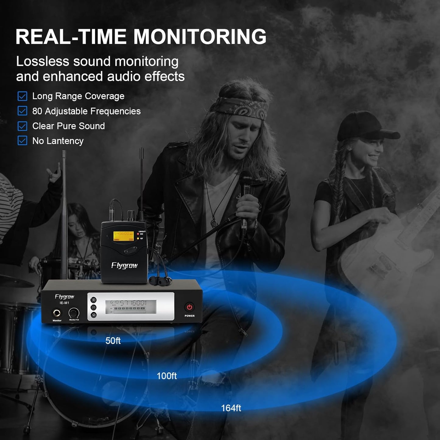 Pro UHF Wireless in Ear Monitor System, Metal IEM Dual Channel Wireless Transmitter and Bodypack Receiver, 80 Adjustable Frequencies,164ft Range, Ideal for Studio, Guitar, Band Performance