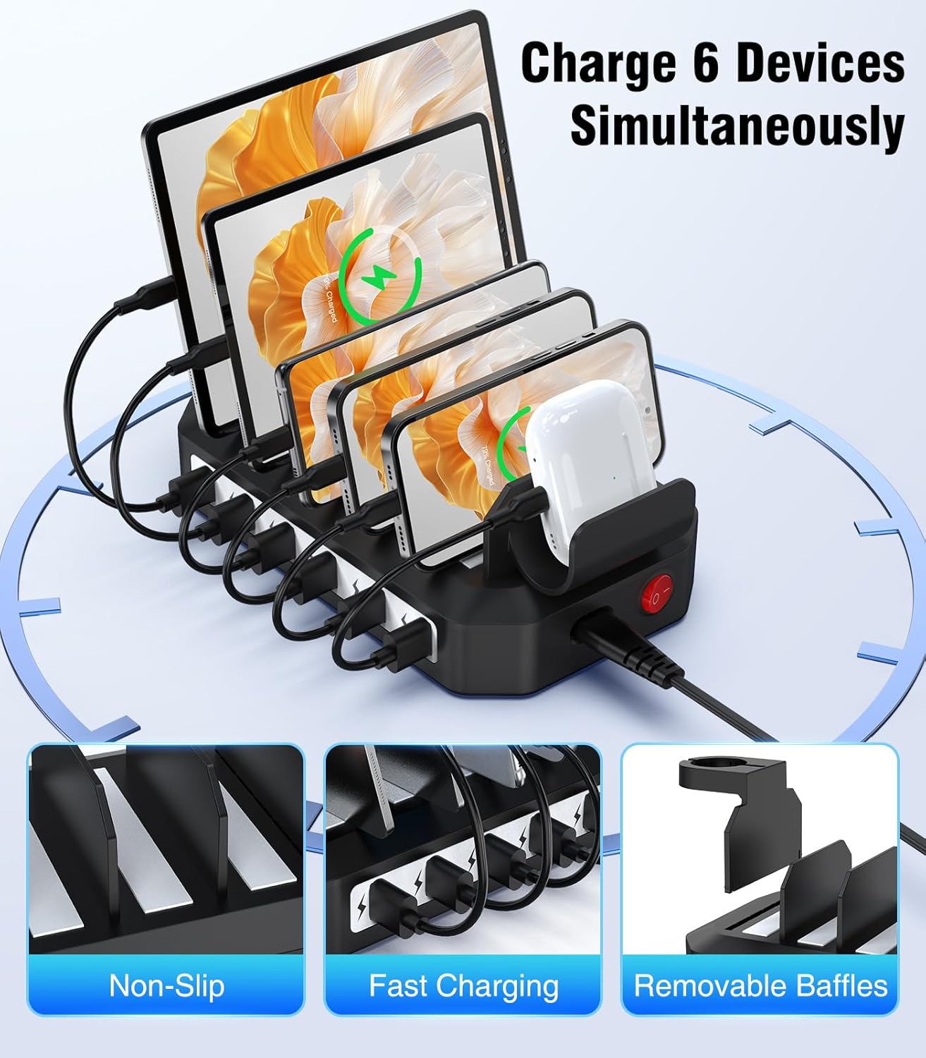 [2025 Upgraded] 6 IN 1 Fast Charging Station for Multiple Device【Durable & Safe Charging】6 Ports Charging Dock Organizer with 6 Cables & 2 Stands for Cellphone/Tablet/Kindle/iWatch & Other Electronic