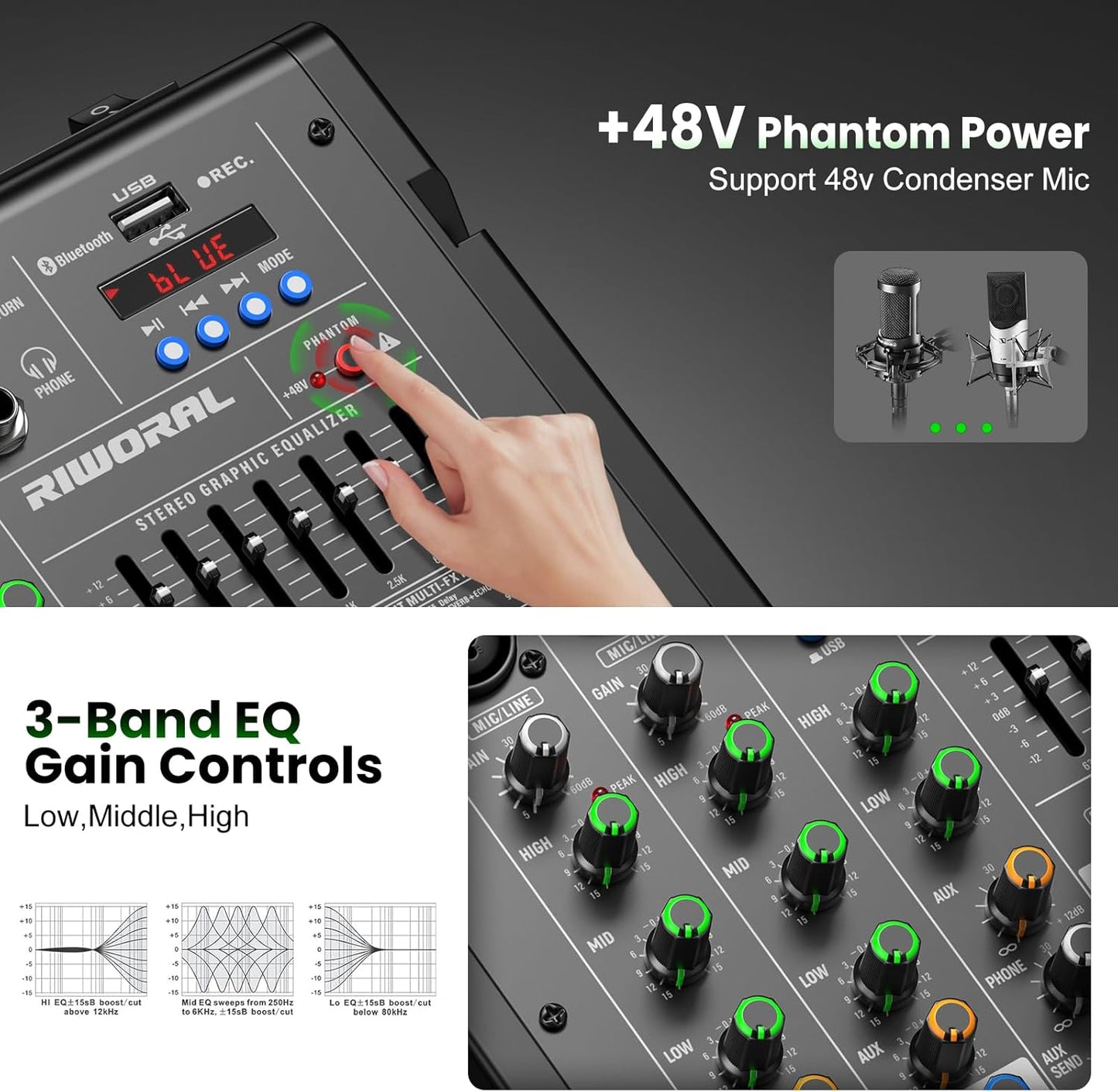 4 Channel Audio Interface DJ Mixer with 99 DSP Reverb Delay Effect USB Audio Interface +48V Phantom Bluetooth for Karaoke Studio Streaming Recording,Live Broadcasting,Podcasting