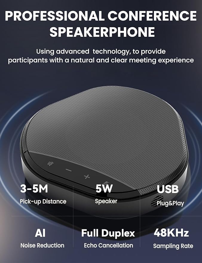Conference Speaker and Microphone, 360° Enhanced Voice Pickup with 2 AI Mics, Echo & Noise Reduction, USB-C Plug & Play Speakerphone for Zoom Skype Teams Calls, for Home Office and Meeting Room