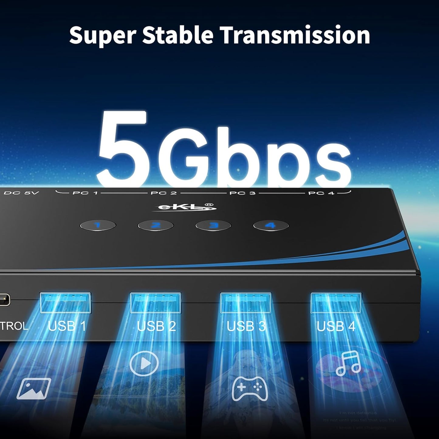 eKL USB 3.0 Switch 4 Computers Sharing USB Peripherals, 4 Port USB Switcher Sharing Mouse Keyboard Scanner Printer, with 3.5mm Headset Jack Audio Out, Includes 4 USB 3.0 Cables and Remote