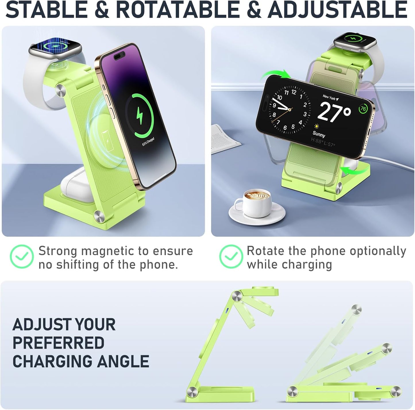 Magnetic Wireless Charger Stand, 3 in 1 Foldable Wireless Charging Station, Travel Charger for Multiple Devices for iPhone 15 14 13 12 Series, Apple Watch Ultra/SE/9/8/7/6/5/4/3/2, AirPods