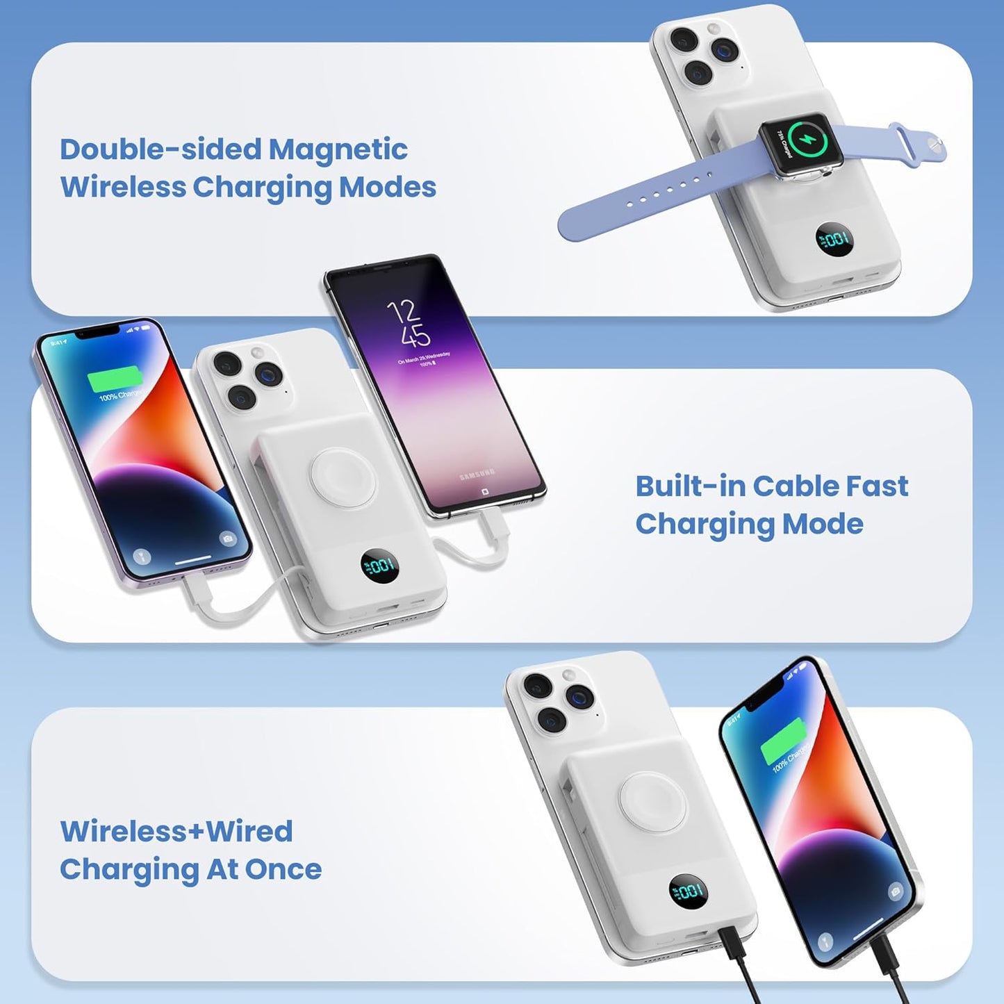 Magnetic Portable Charger 10800mAh for iPhone with Built-in Cables, 6-in-1 Wireless Power Bank with iWatch Charger, 25W PD Fast Charging USB C Battery Pack for iPhone 16/15/14/13/12,Apple Watch(White)