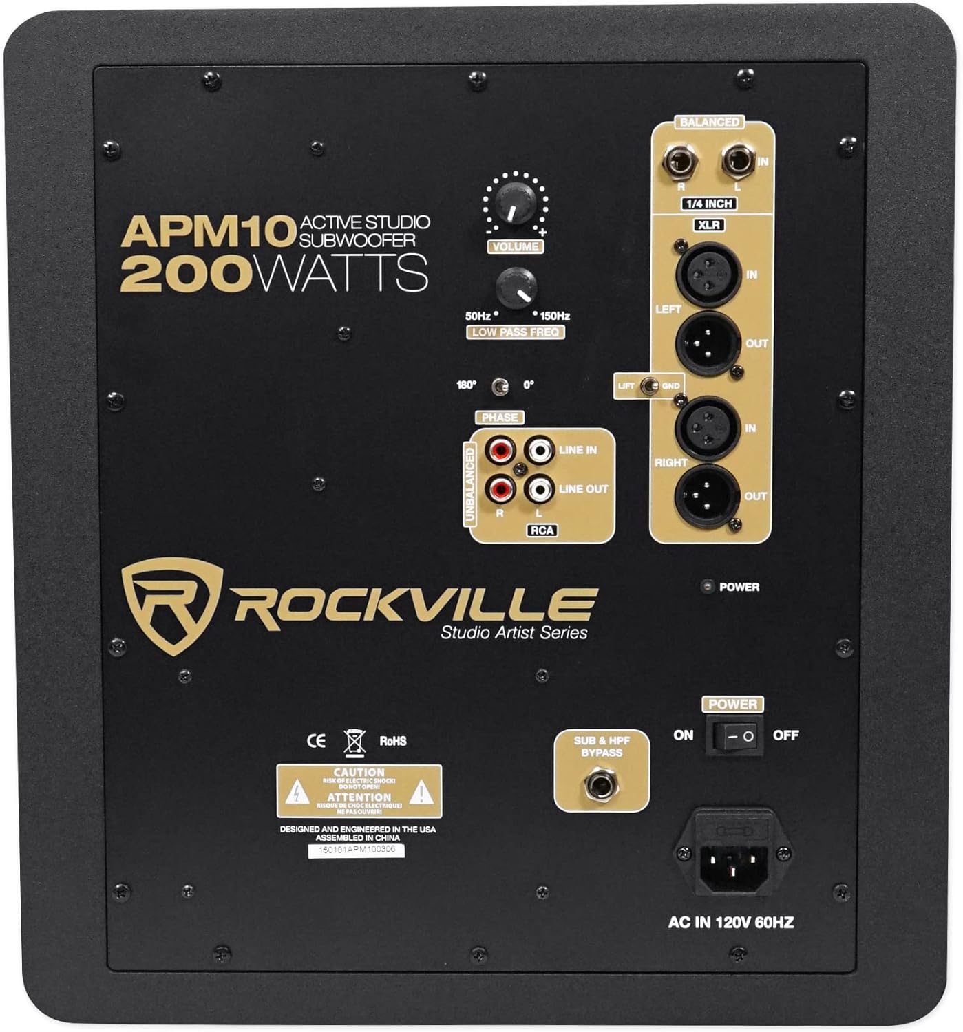 Rockville APM10B Active Studio Subwoofer in Black, 10"", 400W, MDF Wood, RCA/XLR/Optical, Front-Firing Port, Perfect for Studios and Music Production