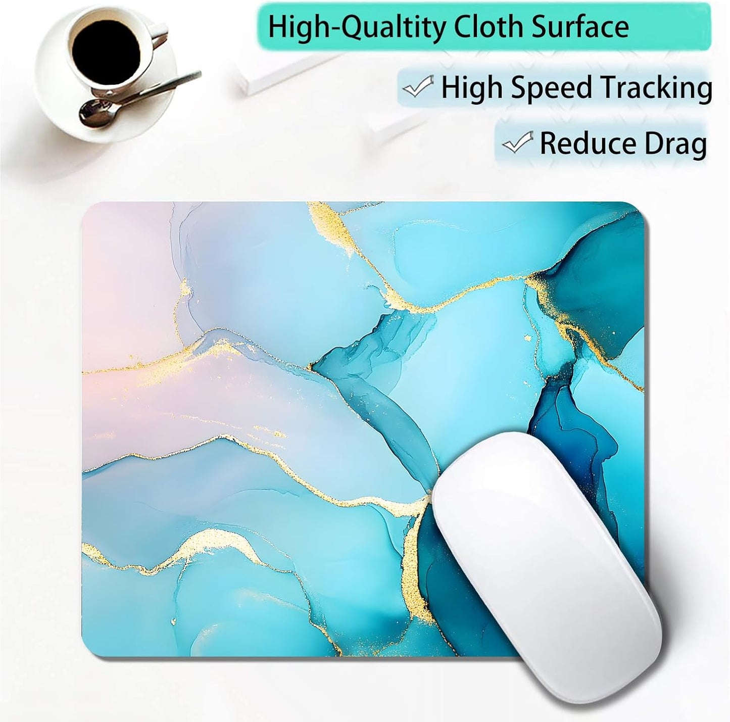 Golden Textured Teal Marble Custom Mouse Pad with Non-Slip Rubber, Small Square Design for Wireless Laptop & Computer Mouse Pads for Desk, 9.5 x 7.9 inch Smooth Surface for Gaming & Office