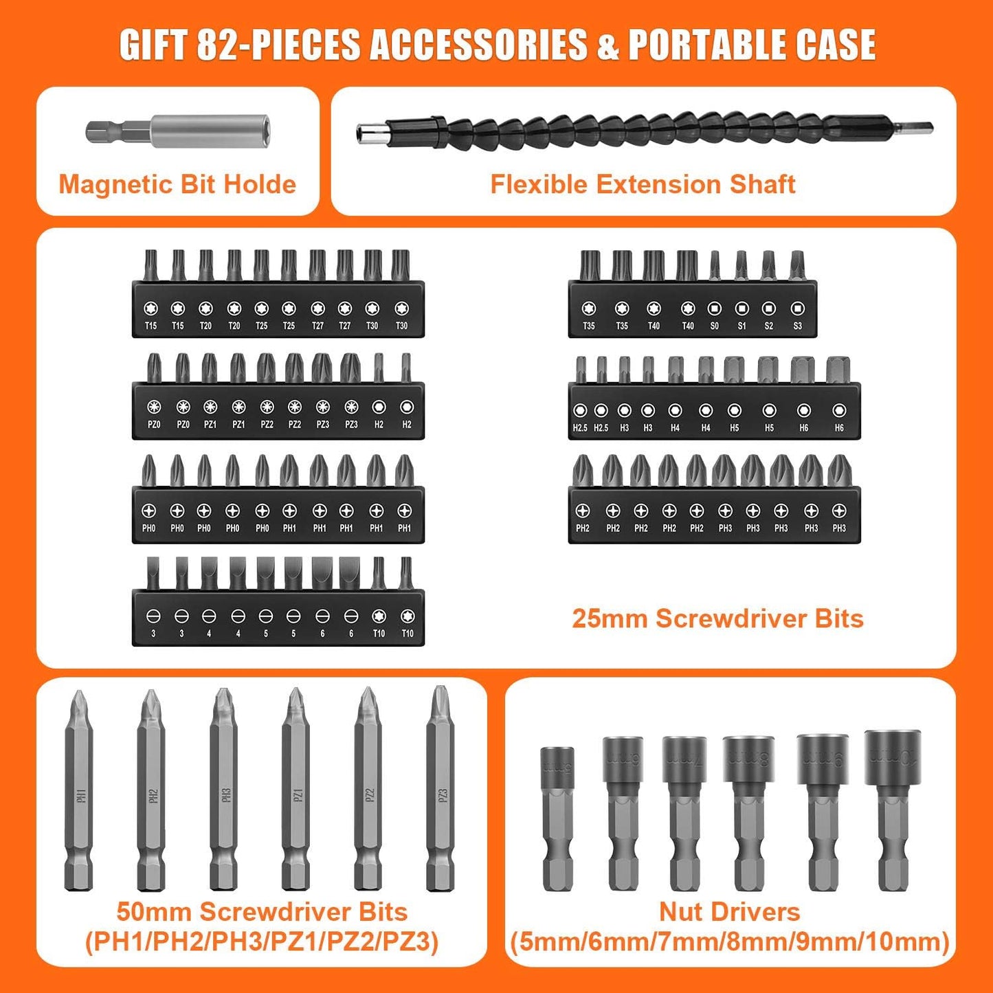 ENERTWIST 8V Cordless Electric Screwdriver, 82pcs 10Nm Max Fast Rechargeable Screwdriver Set with 1Hr Charger and Accessory Kit in Carrying Case, 21+1 Cluth, Dual Position Handle, ET-CS-8K