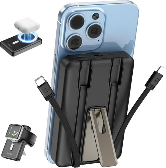 Wireless Portable Charger, 3-in-1 Magnetic Power Bank 10000mAh with USB-C/iOS Cable and Stand, 22.5W Fast Charging Battery Pack, Compatible with iPhone 16/15/14/13/12/Pro/Mini/Pro Max