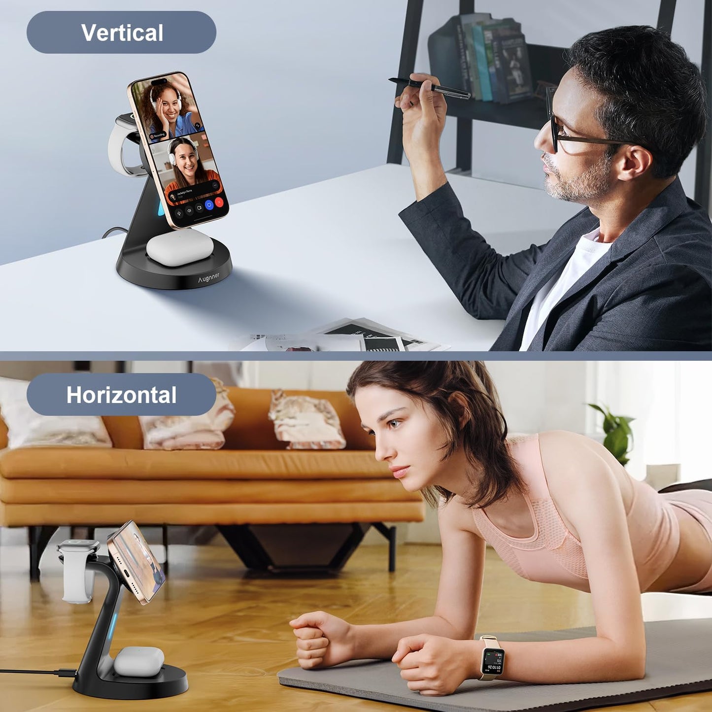 Magnetic Wireless Charger Stand 3 in 1 Charging Station 15W Fast Charging Stand Wireless Charger for iPhone16/15/14/13/12 Series, Watch Series, Earphone,Non-Slip Base