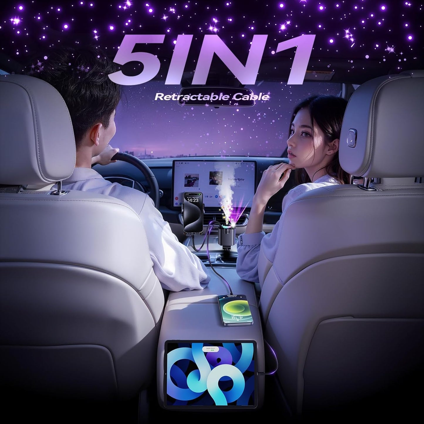 Retractable Car Charger with Aromatherapy and Starlight, 5 in 1 USB C Car Charger Adapter, 69W Fast Charging Cars Phone Chargers, Cars Air Freshener Compatible with iPhone 16 15 14 13 12 and Android