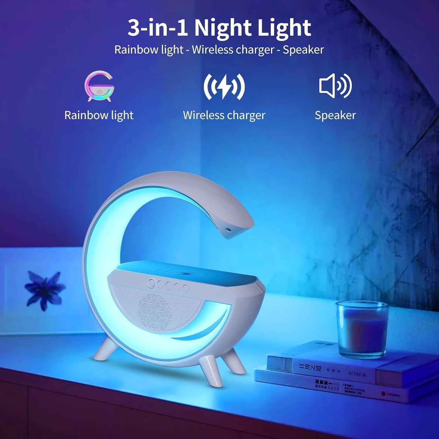 Table Lamp with Bluetooth Speaker, G Bedside Lamp with 15W Wireless Charger, Atmosphere Desk Lamp with Alarm Clock, RGB Bedside Nightstand Lamp, Hi-Fi Sound, Time Display