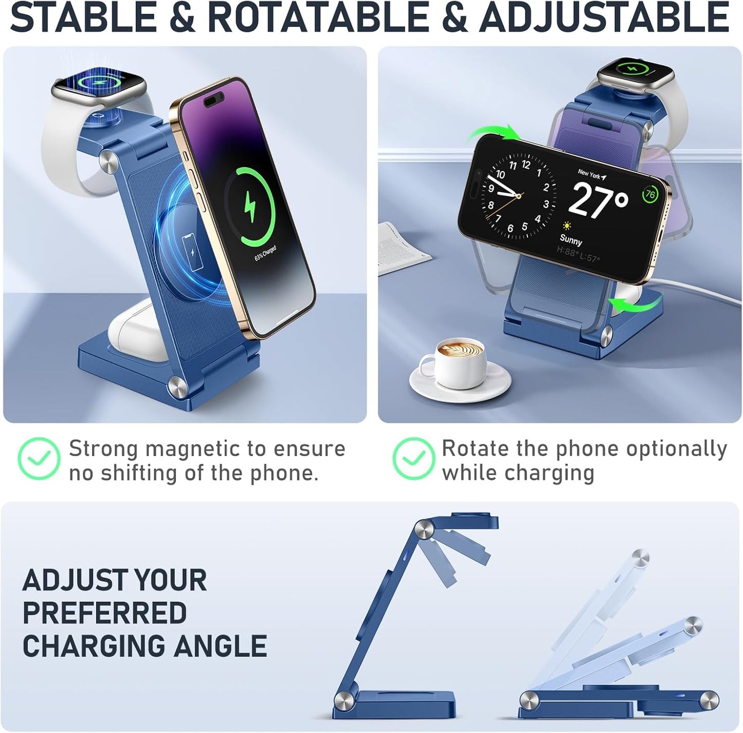 Magnetic Wireless Charger Stand, 3 in 1 Foldable Wireless Charging Station, Travel Charger for Multiple Devices for iPhone 16 15 14 13 12 Series, Apple Watch Ultra/SE/9/8/7/6/5/4/3/2, AirPods