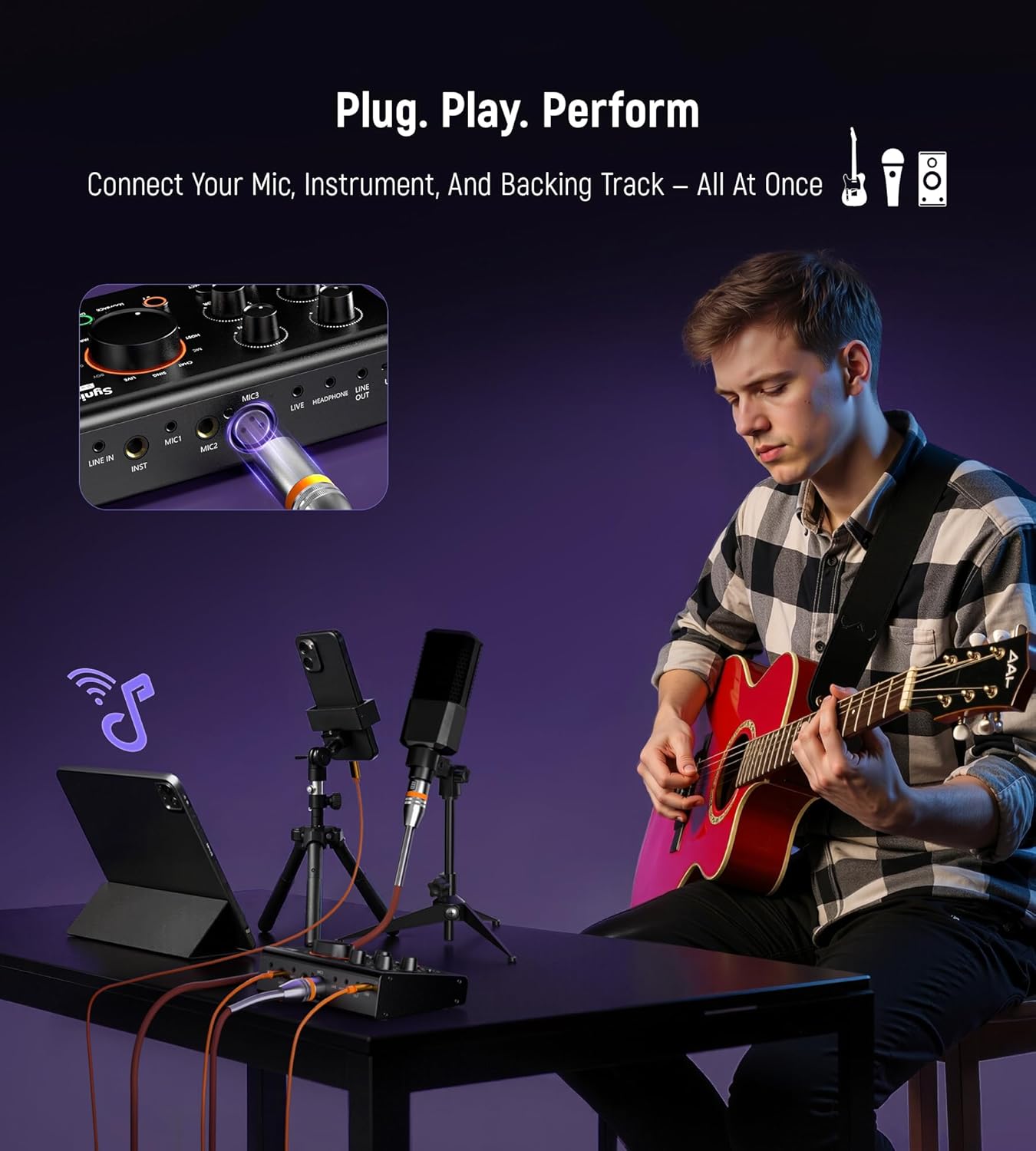 Synido Podcast Equipment, Audio Interface for Podcasting with Pro-preamp, 48V Phantom, DJ Mixer Effects, 9 Customize Sound Pads, XLR Input/6.35/3.5 Line In, for Live Streaming/Music Recording/Gaming