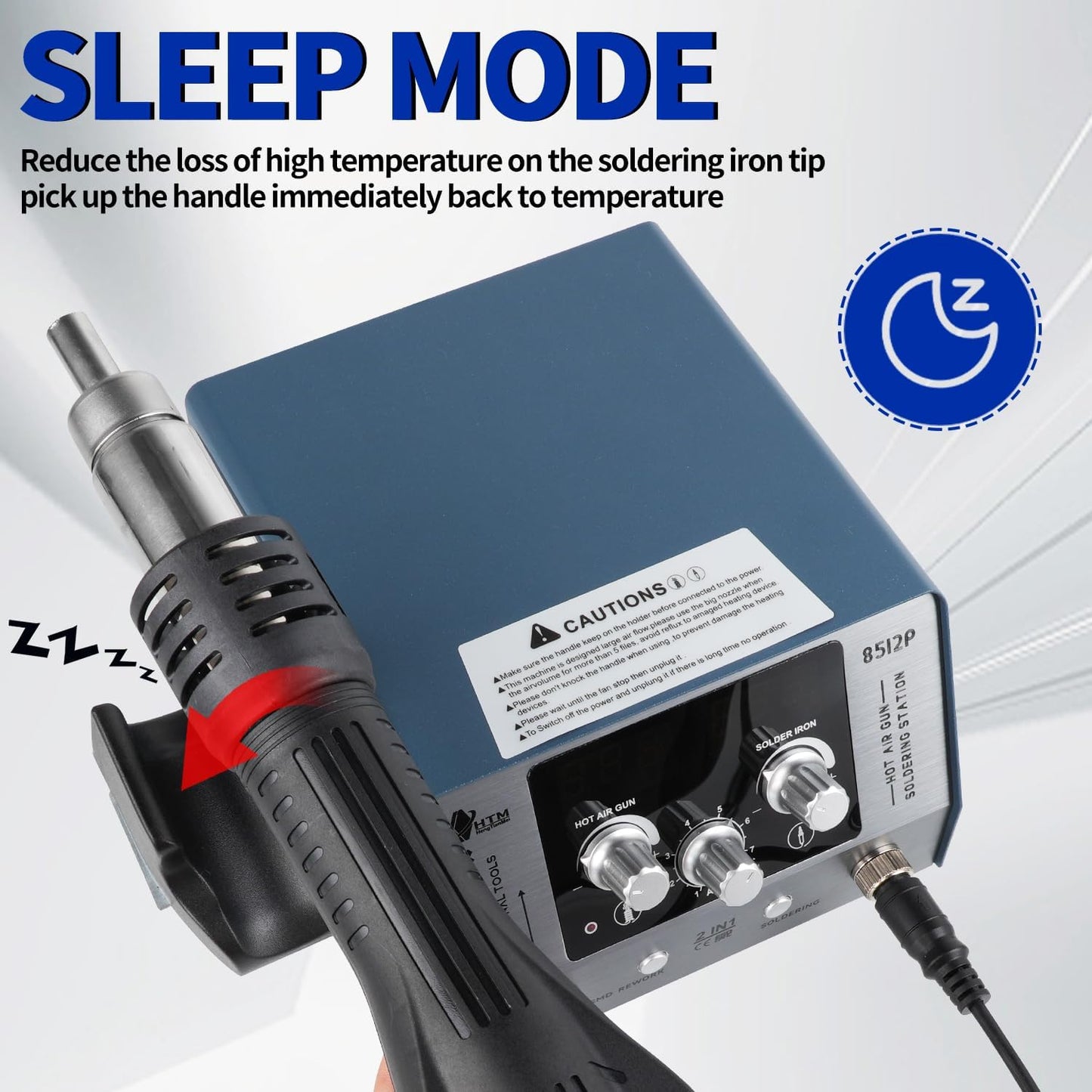 HengTianMei 720W Hot Air Soldering Station 2-IN-1 SMD Soldering Iron Station with 2 Helping Hands, 3 Soldering Tips, 5 Nozzles, Sleep Mode, Fast Heating, 392℉-932℉, for Electronics PCB Repair（8512P）