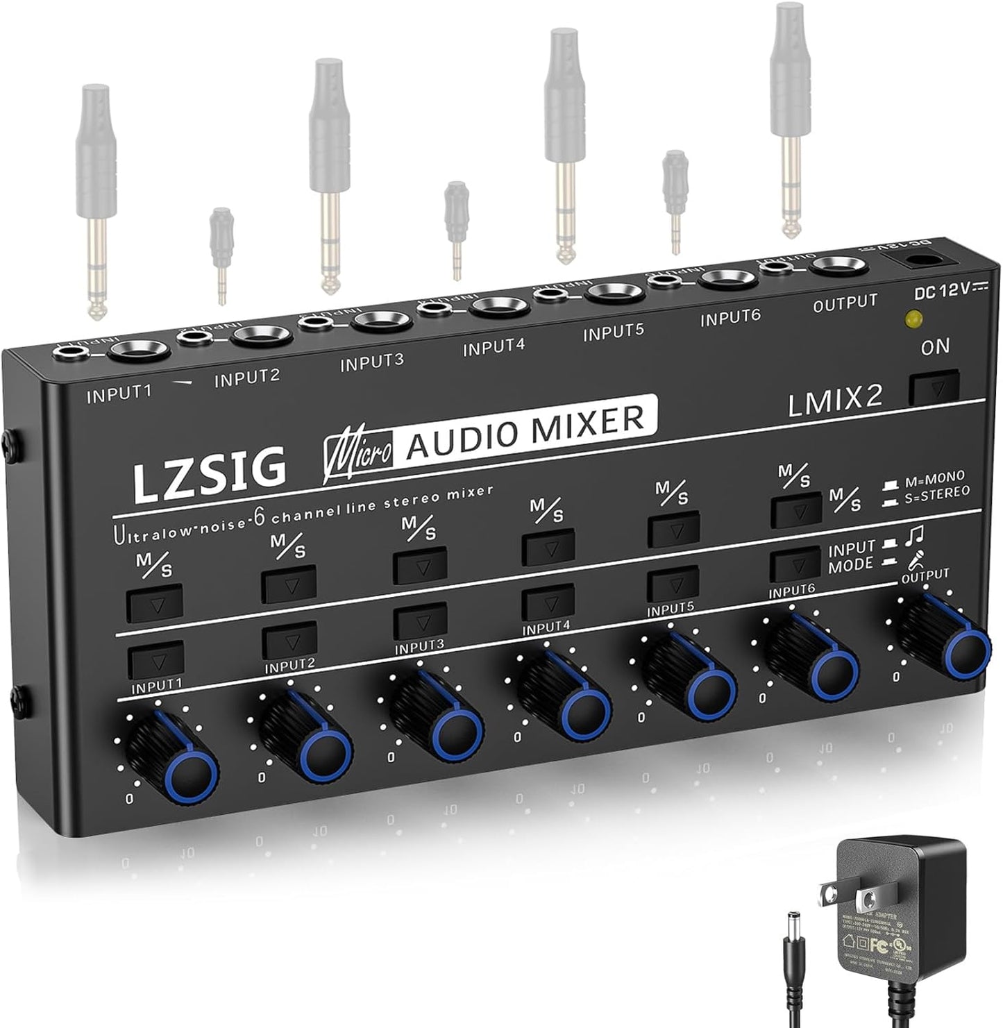LZSIG Mini Audio Mixer,Stereo Line Mixer for Sub-Mixing,Ultra Low-Noise,6-Channel,Microphone Independent Control, 1/4" & 1/8" TRS Output and Input, for Guitars,Bass,Keyboards