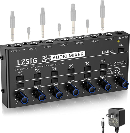 LZSIG Mini Audio Mixer,Stereo Line Mixer for Sub-Mixing,Ultra Low-Noise,6-Channel,Microphone Independent Control, 1/4" & 1/8" TRS Output and Input, for Guitars,Bass,Keyboards