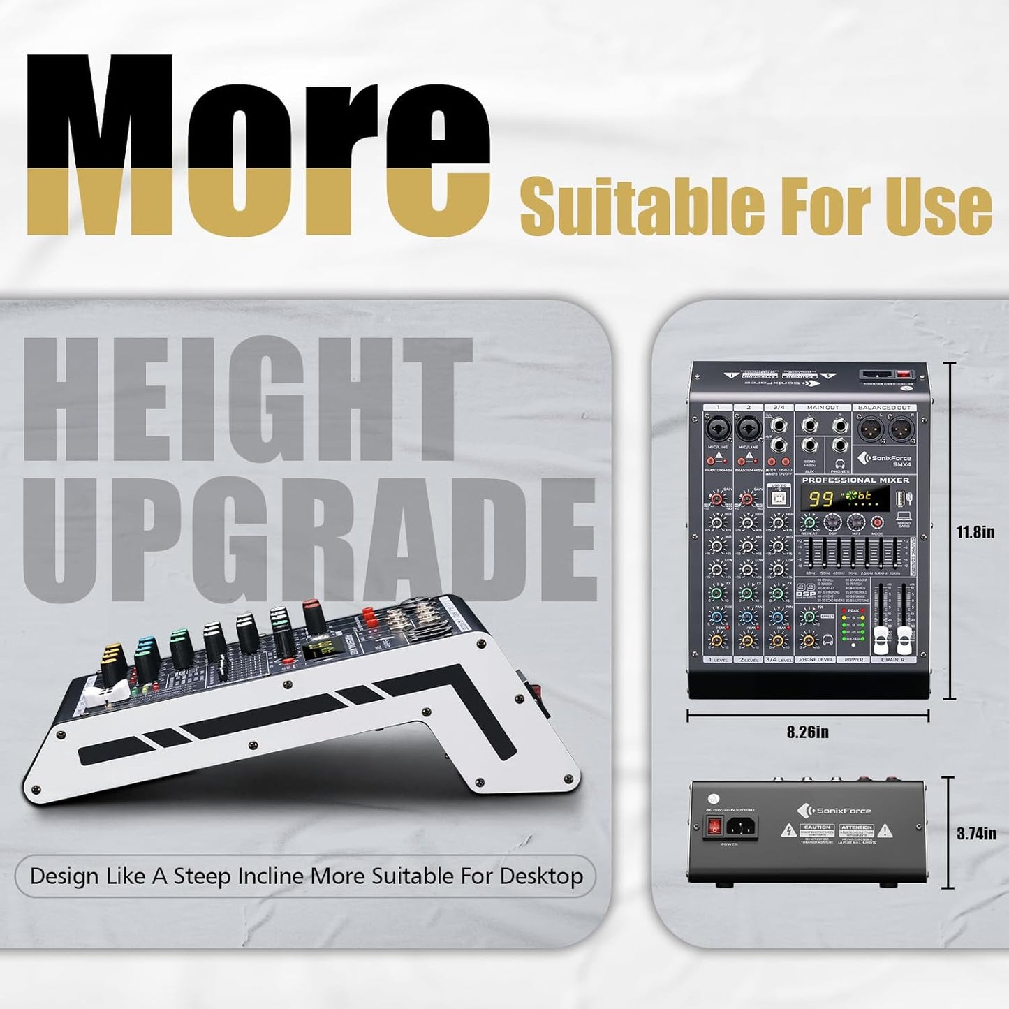 Professional Audio Mixer 4 Channel Sound Board Console System 99 DSP DJ Mixer 48V Phantom for Karaoke DJ Studio Streaming Recording