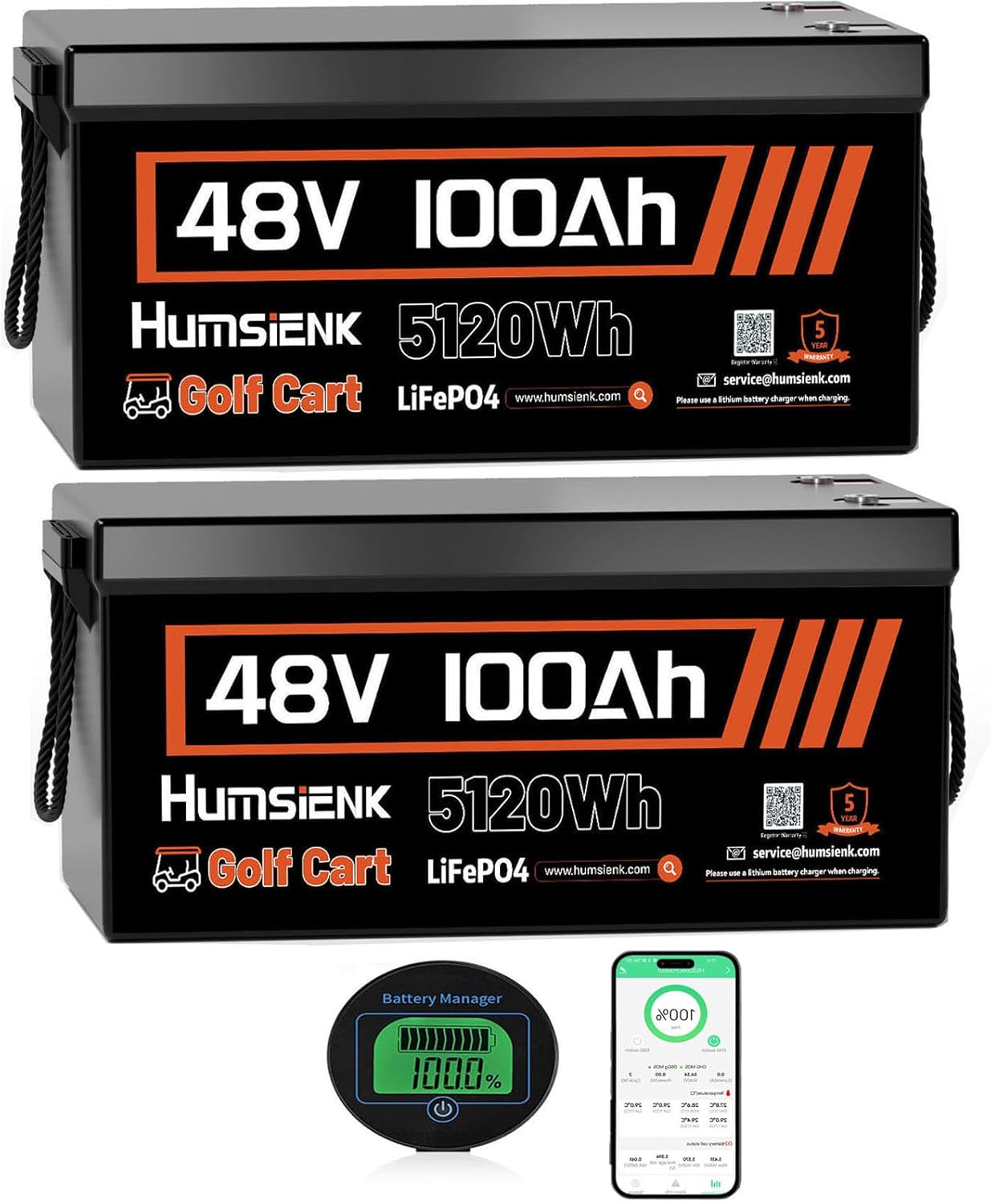 48V 100Ah LiFePO4 Lithium Battery Golf Cart with Bluetooth Group 8D, 15000+ Deep Cycle Battery, Built-in 200A BMS with Low-Temp Protection 2PACK