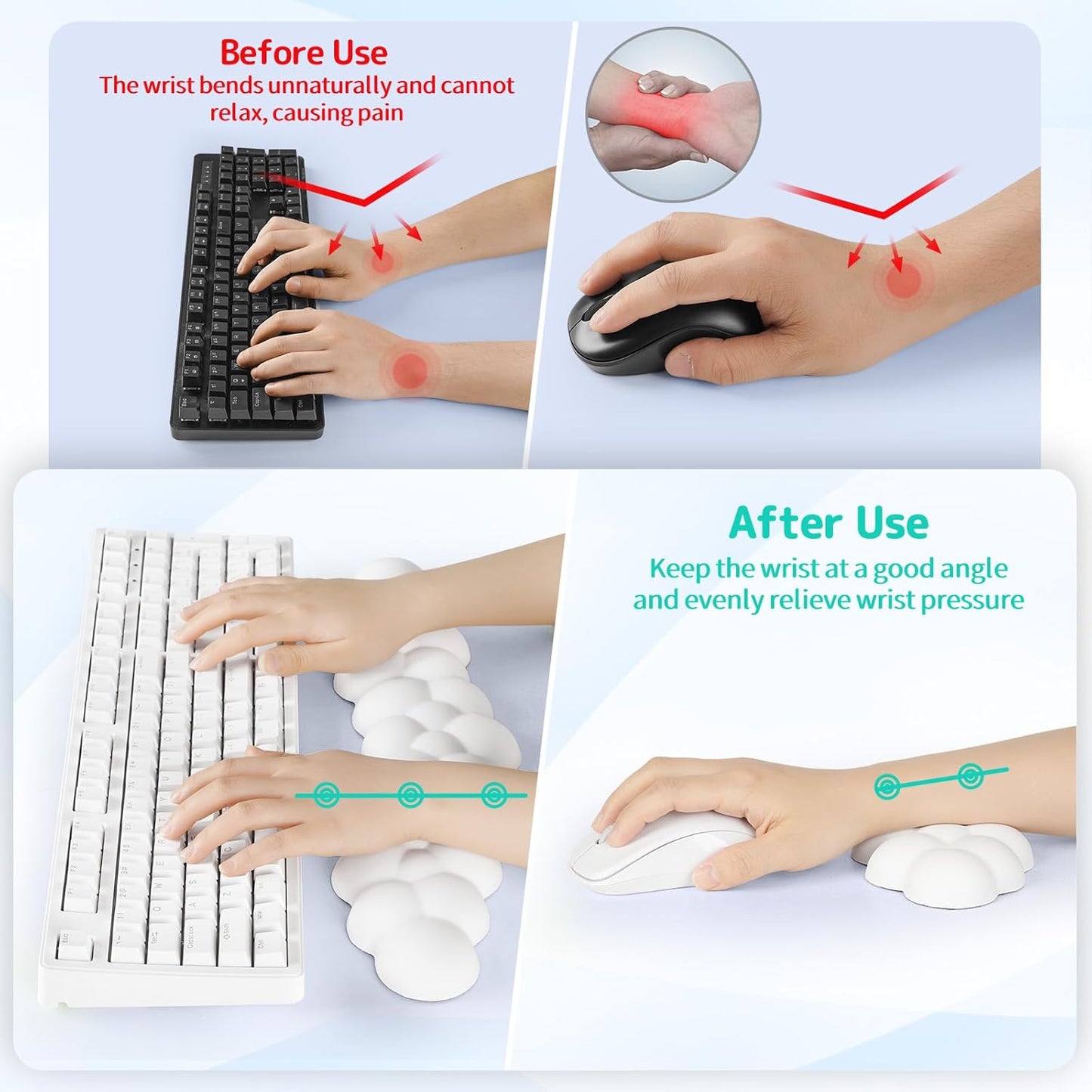 Cloud Wrist Rest for Keyboard and Mouse, Memory Foam PU Leather Keyboard Wrist Rest with Ergonomic Support, Non-Slip Base, Cute Arm Rest Pad & Palm Cushion, Office Desk Accessory, White
