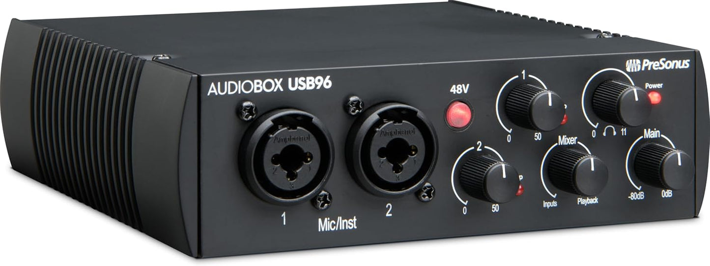 PreSonus AudioBox USB 96 Bundle — USB Audio Interface, XLR Interface for Guitar, Device for PC & Mac, Complete Recording Package with Studio One Pro, Music Production, Home Studio