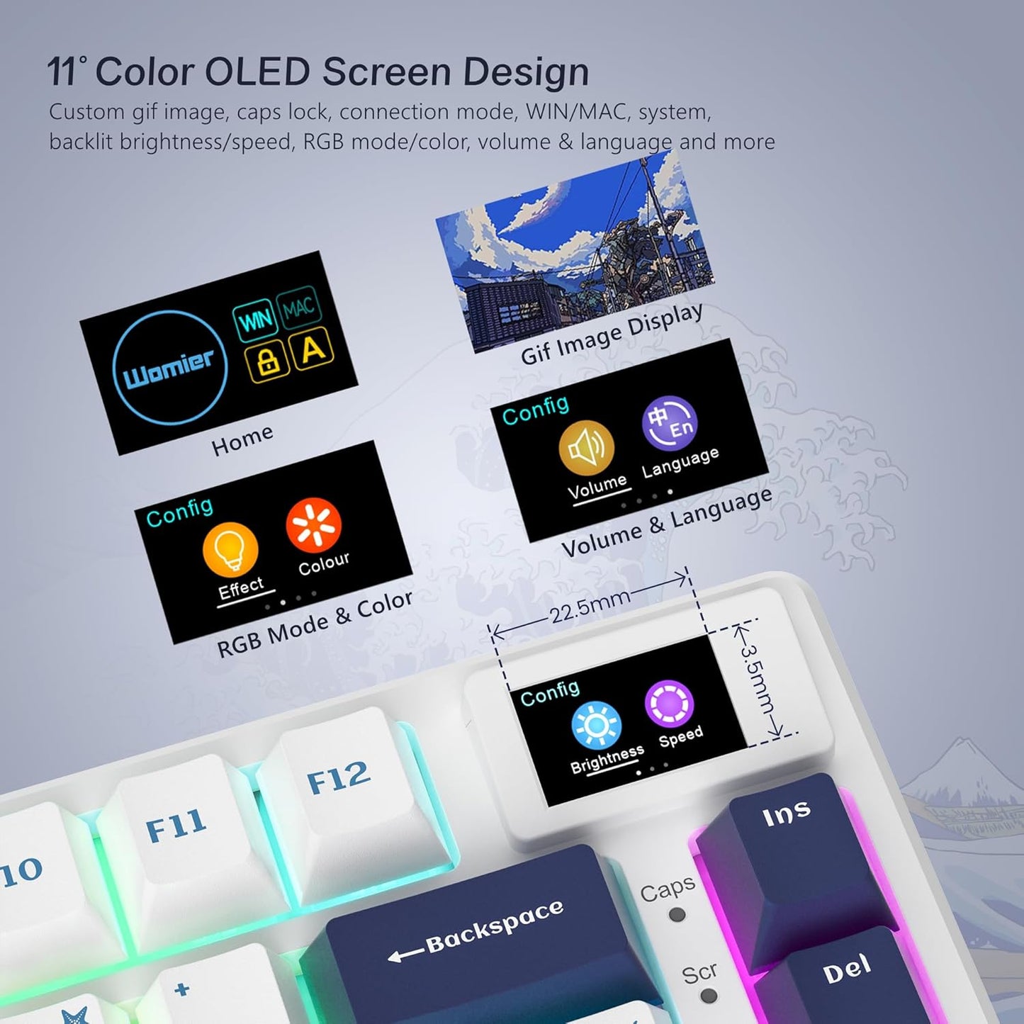 Womier S-K80 75% Keyboard with Color Multimedia Display Mechanical Gaming Keyboard, Wired Hot Swappable Gasket Mount RGB Custom Key Board, Pre-lubed Stabilizer for Mac/Win, White Kanagawa