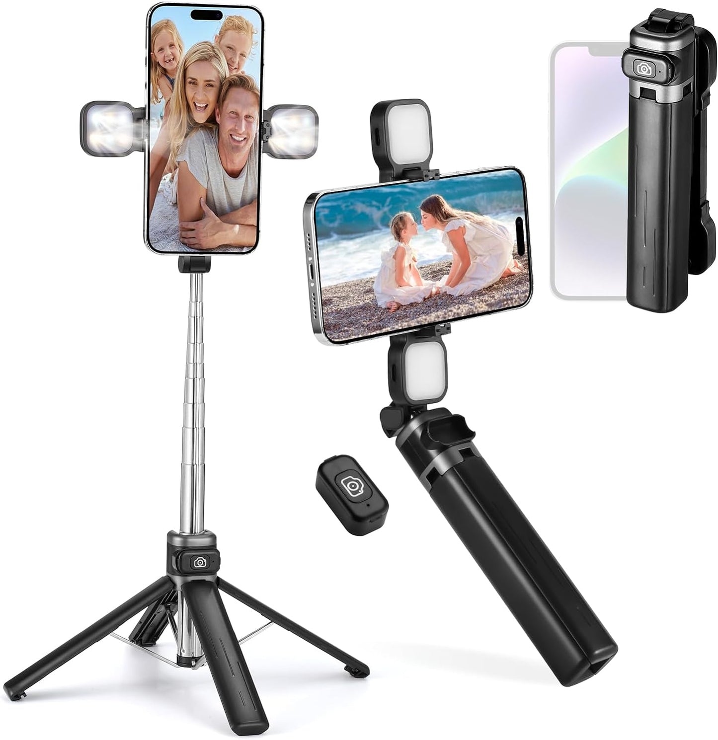 MQOUNY Mini iPhone Tripod Stand & Selfie Stick with Wireless Remote & Removable Light, Extendable Stand 360 Rotation Compatible with iPhone & Android Samsung (Black)