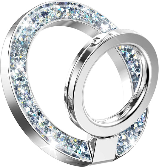 GVIEWIN Magnetic Phone Ring Holder, Compatible with MagSafe Phone Grip with Adjustable Stand, Magnet Phone Ring Kickstand for iPhone 16 Pro Max/Plus/15/14/13/12 Series/Other Phones (Glitter/Silver)