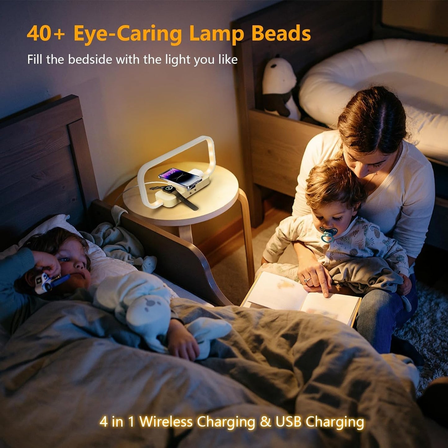 LED Bedside Lamp with Wireless Charger, 3-in-1 Touch Control Table Lamp with Clock, Dimmable Nightstand Lamp with 5 Color Modes, Modern Bedroom Desk Lamp, Gift for Women & Men,Wooden,Adapter Included