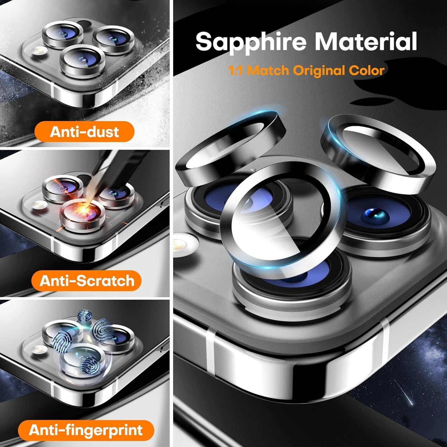 Camera Lens Protector for iPhone 16 Pro Max/16 Pro/15 Pro Max/15 Pro/14 Pro Max/14 Pro, Sapphire Glass Metal Individual Camera Cover Screen, Anti-drop, Scratch Resistant, Case Friendly- White Titanium