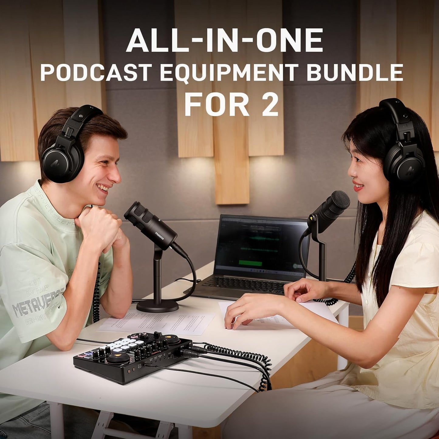 MAONO Podcast Equipment Bundle for 2: Audio Interface Mixer with 2 XLR Dynamic Mic and 2 Headphone Noise Reduction Podcast Streaming MaonoCaster E2 Gen2