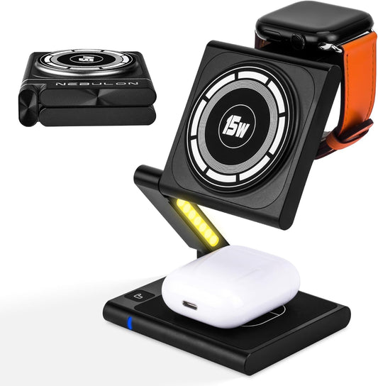 Fast Wireless Charging Station, Foldable for Travel w/Light, Modern All Aluminum Alloy Body, 4 in 1 Charger Compatible with MagSafe for Apple iPhone 16/15/14/13/12, AirPods and Apple Watch [Black]